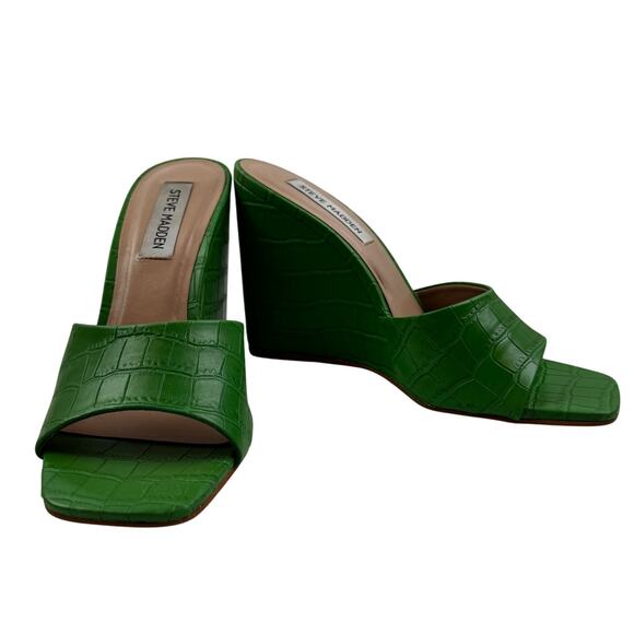 Steve Madden Veles Kelly Green Croc Embossed Square Toe Heels Sandals Women's 7 - Picture 1 of 12